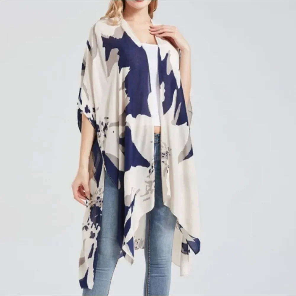 Women's White Navy Blue Casual Print Short Sleeve swim Cardigan kaftan c…